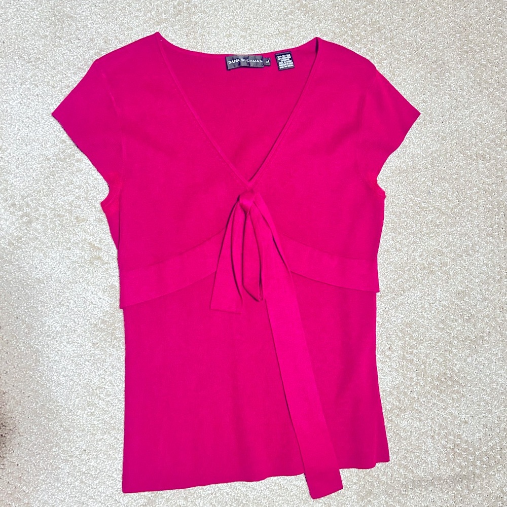 Dana Buchman Magenta Silk/Cashmere Cap Sleeve with Tie Front Sweater Size Large - Picture 5 of 9